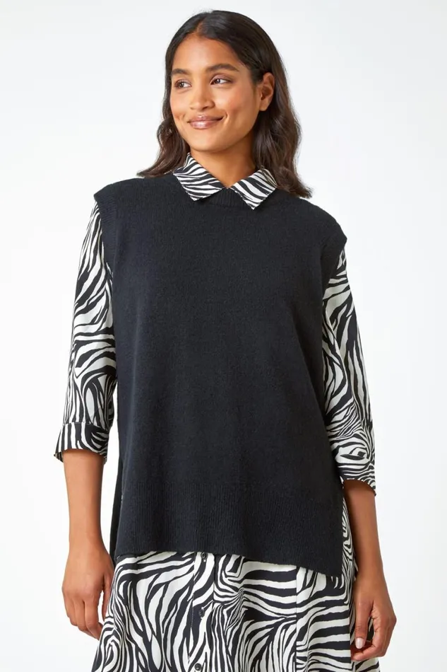 Women Black Longline Knitted Stretch Vest Roman Tops