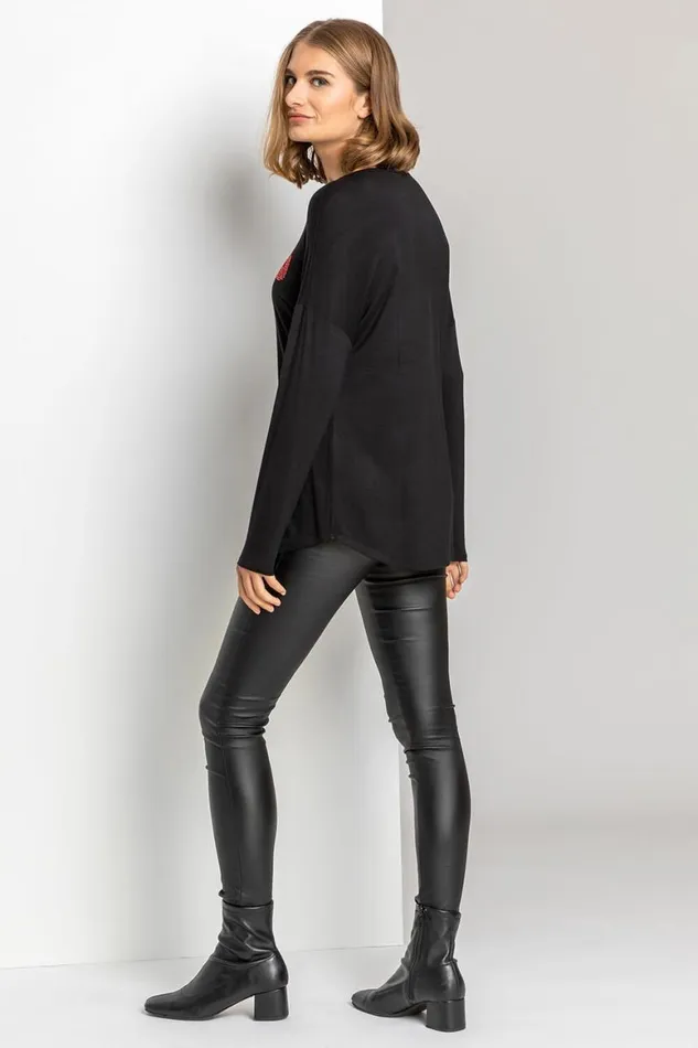 Women Black Merry Kissmas Motif Jersey Top Roman Tops
