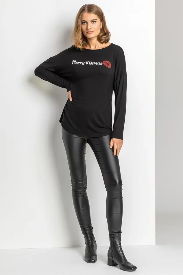 Women Black Merry Kissmas Motif Jersey Top Roman Tops