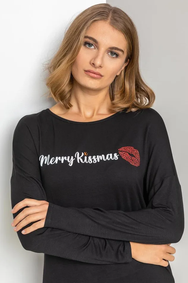 Women Black Merry Kissmas Motif Jersey Top Roman Tops