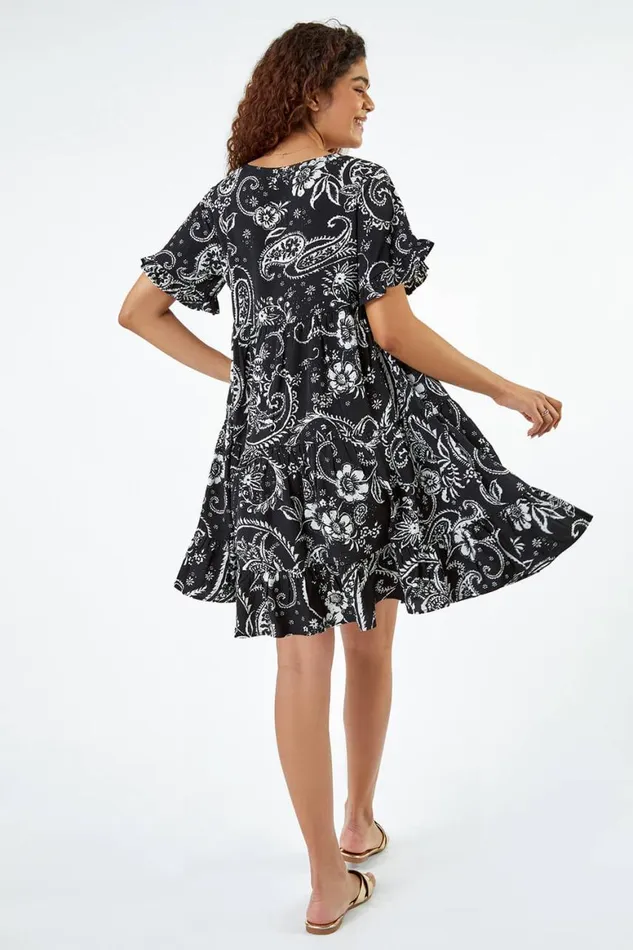 Women Black Paisley Floral Tiered Smock Dress Roman Dresses