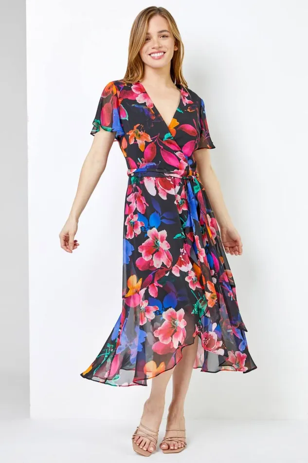 Women Black Petite Floral Chiffon Frill Wrap Dress Roman Dresses