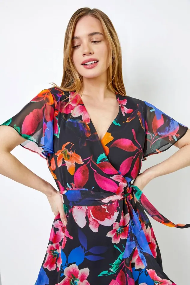 Women Black Petite Floral Chiffon Frill Wrap Dress Roman Dresses
