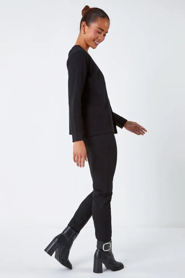Women Black Petite Plain Stretch Cardigan Roman Knitwear