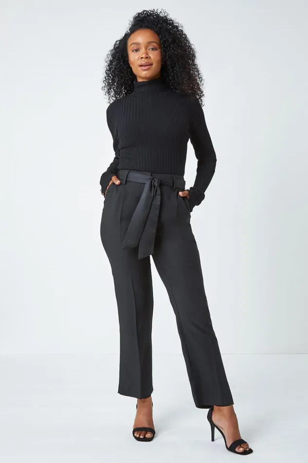 Women Black Petite Tapered Belted Trousers Roman Trousers