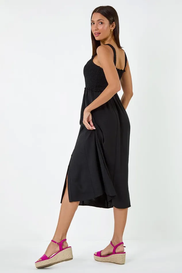 Women Black Plain Shirred Button Detail Midi Dress Roman Dresses