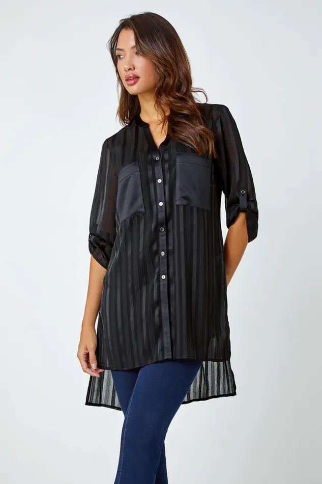Women Black Satin Shimmer Stripe Longline Blouse Roman Tops