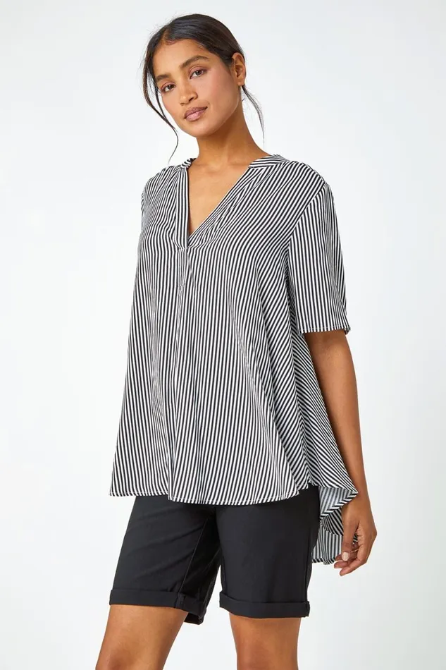 Women Black Stripe Print VNeck Tunic Swing Top Roman Tops