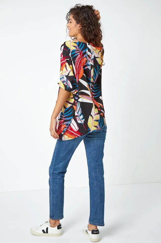Women Black Tropical Print Button Back Top Roman Tops