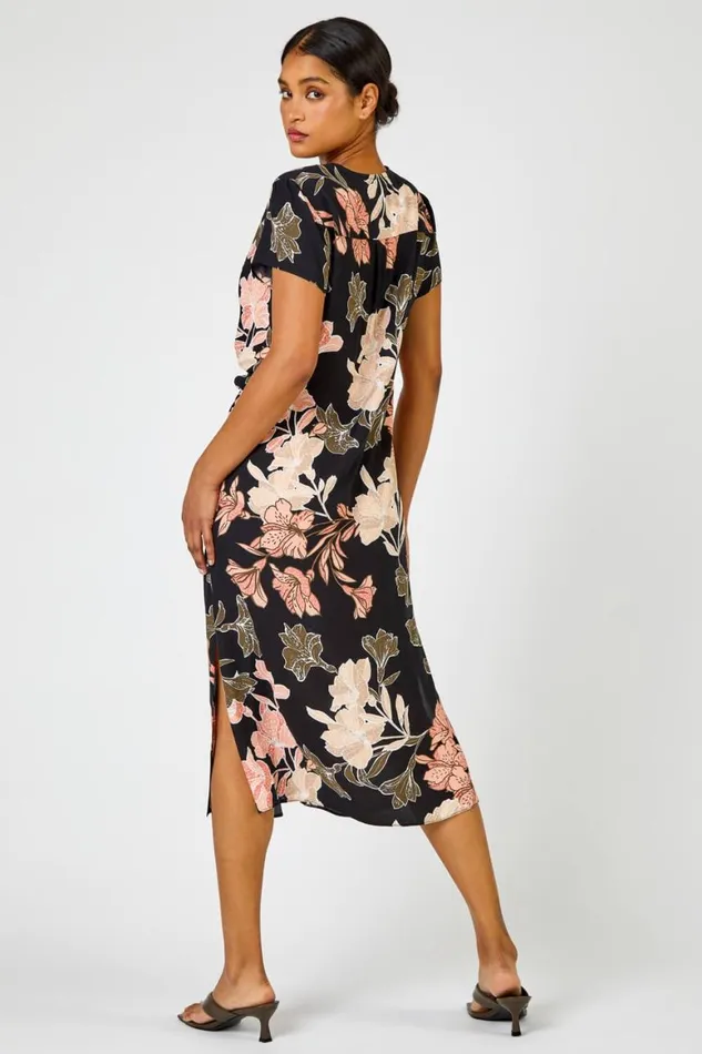 Women Black Tropical Print Tie Knot Detail Dress Roman Dresses
