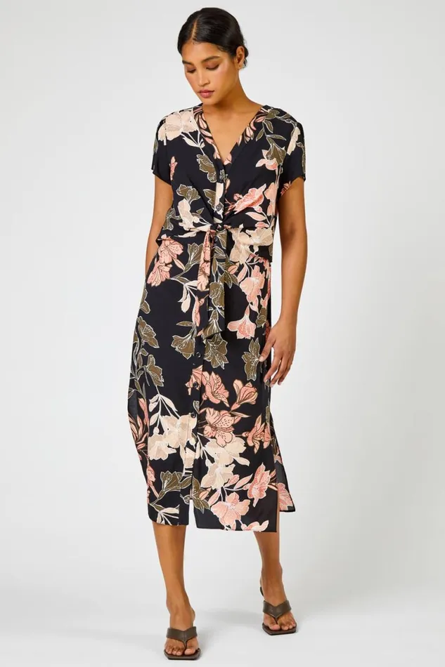 Women Black Tropical Print Tie Knot Detail Dress Roman Dresses