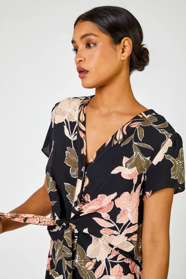 Women Black Tropical Print Tie Knot Detail Dress Roman Dresses