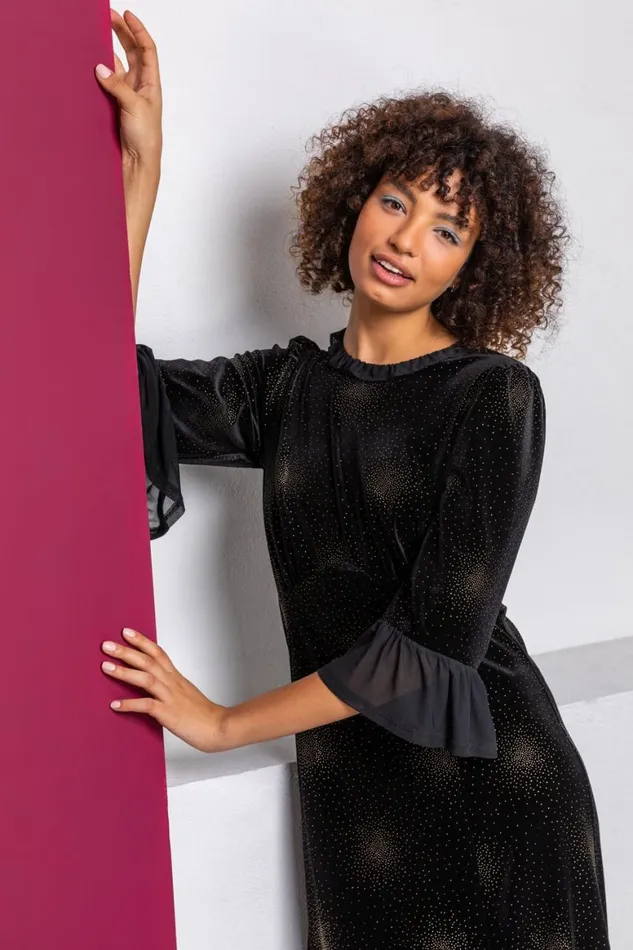 Women Black Velvet Sparkle Frill Detail Dress Roman Dresses