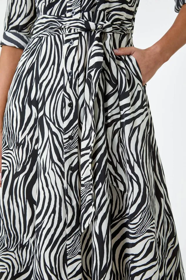 Women Black Zebra Print Midi Shirt Dress Roman Dresses