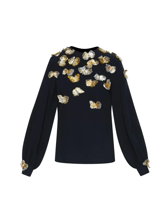 Women Blouses and Knits Oscar De La Renta Butterfly Sequin Embroidered Blouse Navygold Women Blouses and Knits Oscar De La Renta Butterfly Sequin Embroidered Blouse Navygold