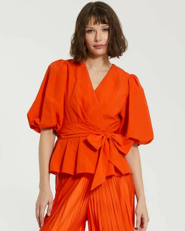 Women Blouses And Tops Mac Duggal Faille Wrap Over Balloon Sleeve Blouse 8211 FINAL SALE Sunset Women Blouses And Tops Mac Duggal Faille Wrap Over Balloon Sleeve Blouse 8211 FINAL SALE Sunset