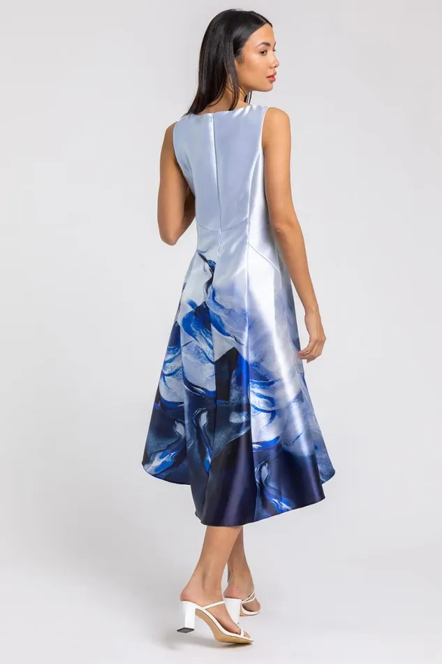 Women Blue Abstract Dipped Hem Asymmetric Midi Dress Roman Dresses