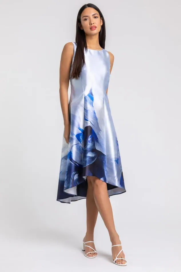 Women Blue Abstract Dipped Hem Asymmetric Midi Dress Roman Dresses