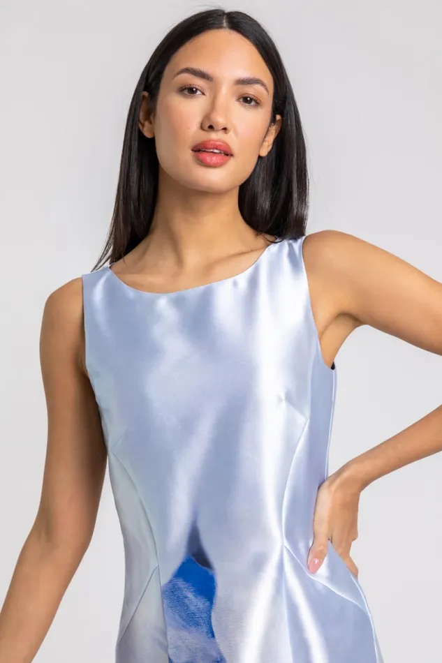 Women Blue Abstract Dipped Hem Asymmetric Midi Dress Roman Dresses