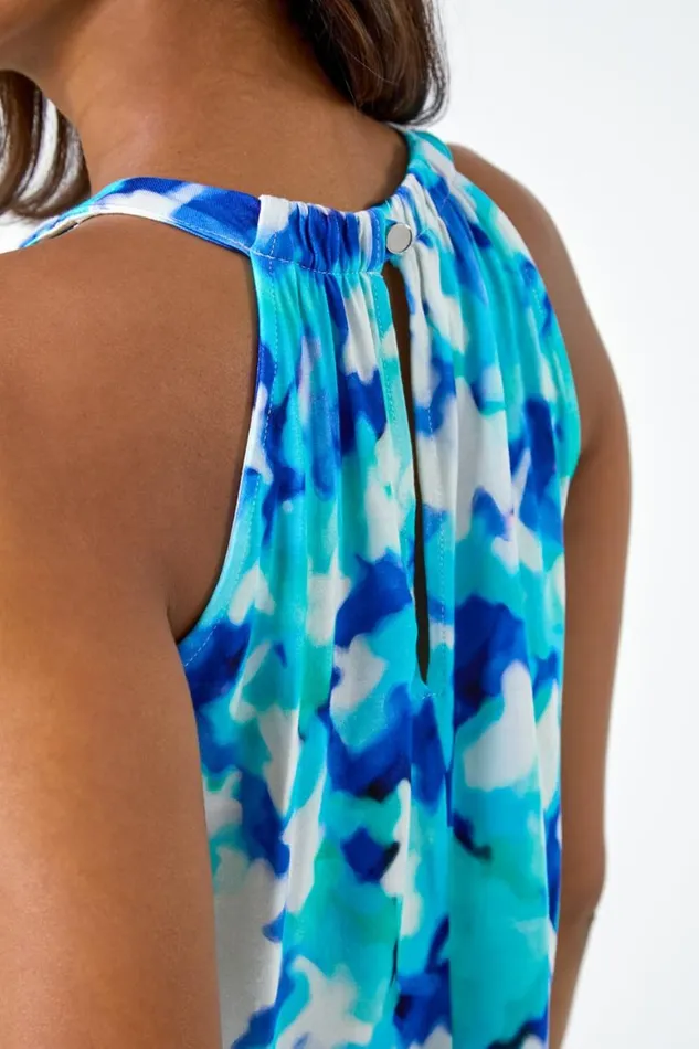Women Blue Abstract Print Stretch Halter Neck Top Roman Tops