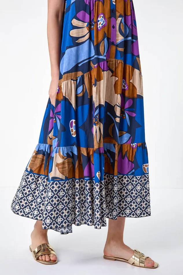 Women Blue Boho Floral Print Smock Maxi Dress Roman Dresses