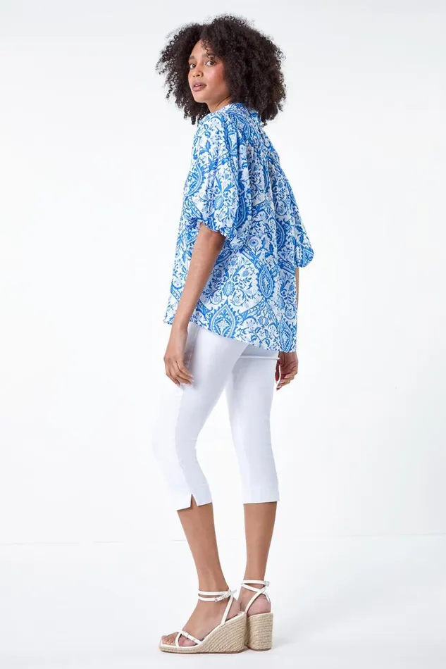 Women Blue Floral Print Puff Sleeve Shirt Roman Tops