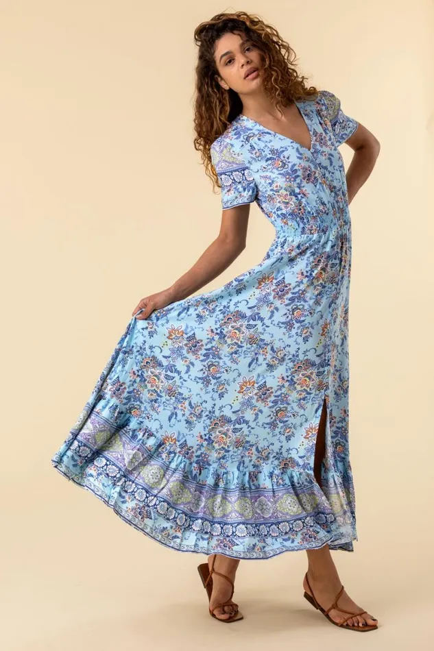 Women Blue Floral Print Shirred Waist Maxi Dress Roman Dresses