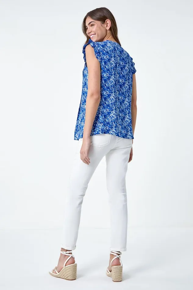 Women Blue Floral Print VNeck Frill Sleeve Top Roman Tops
