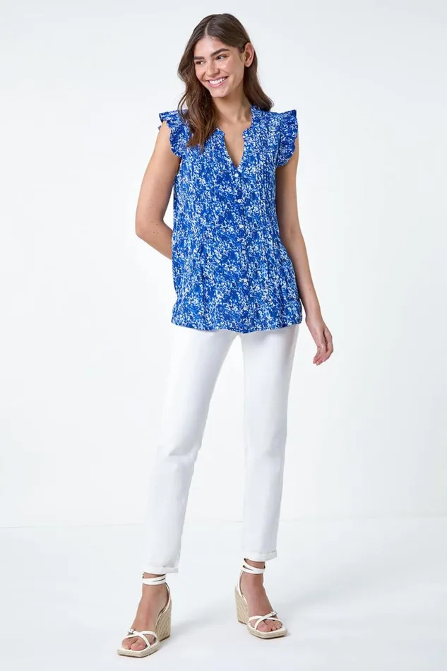 Women Blue Floral Print VNeck Frill Sleeve Top Roman Tops