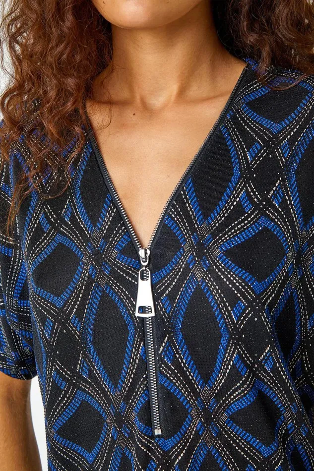 Women Blue Geometric Glitter Print Zip Stretch Top Roman Tops