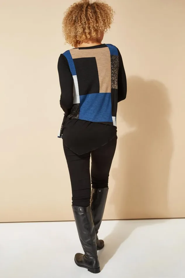 Women Blue Longline Colour Block Hanky Hem Tunic Top Roman Tops