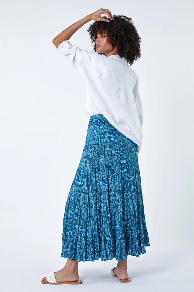 Women Blue Paisley Crinkle Cotton Tiered Maxi Skirt Roman Skirts