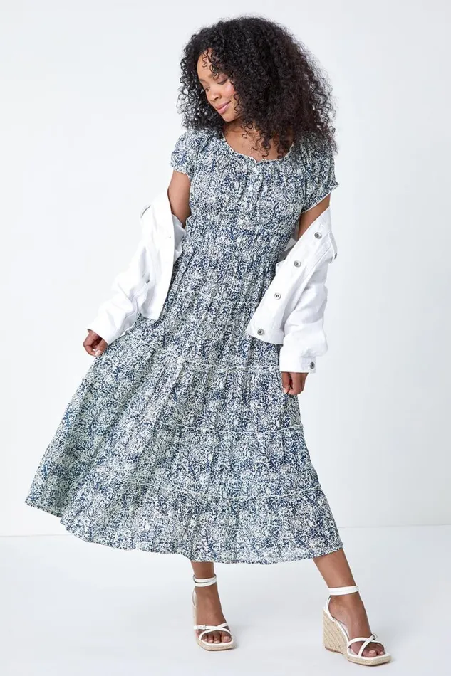 Women Blue Petite Abstract Puff Sleeve Cotton Dress Roman Dresses