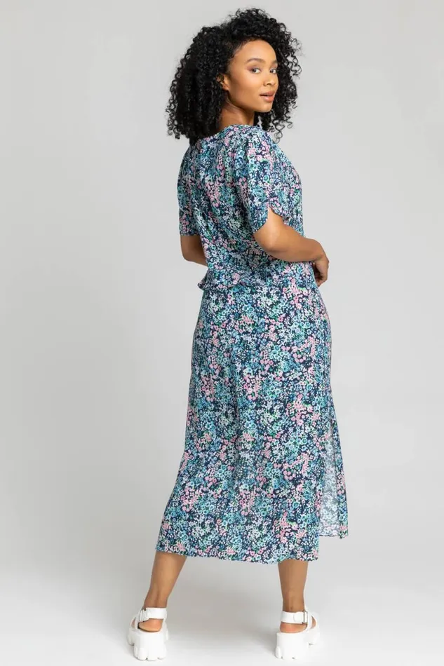 Women Blue Petite Floral Frill Detail Midi Dress Roman Dresses