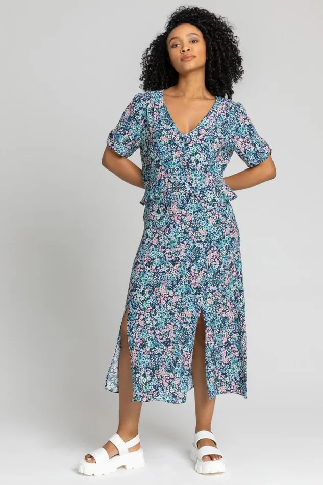 Women Blue Petite Floral Frill Detail Midi Dress Roman Dresses