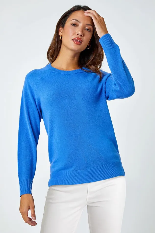 Women Blue Plain Soft Crew Neck Jumper Roman Knitwear
