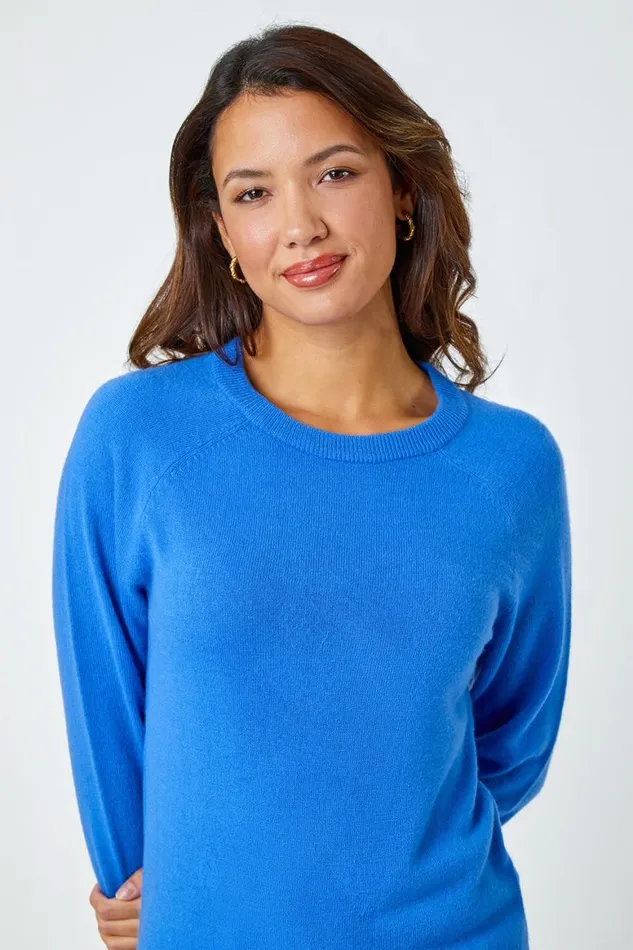 Women Blue Plain Soft Crew Neck Jumper Roman Knitwear