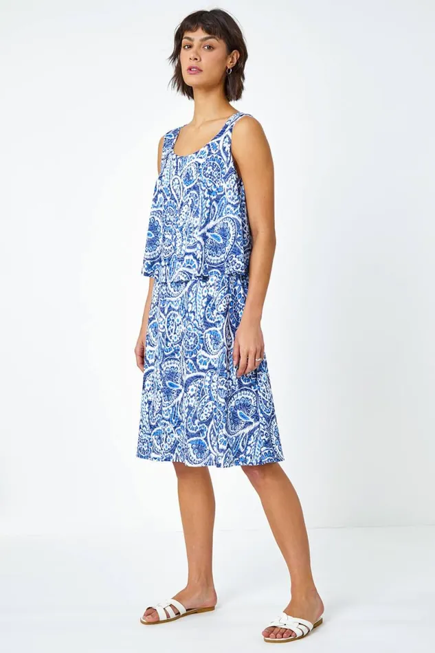 Women Blue Sleeveless Paisley Print Overlay Dress Roman Dresses