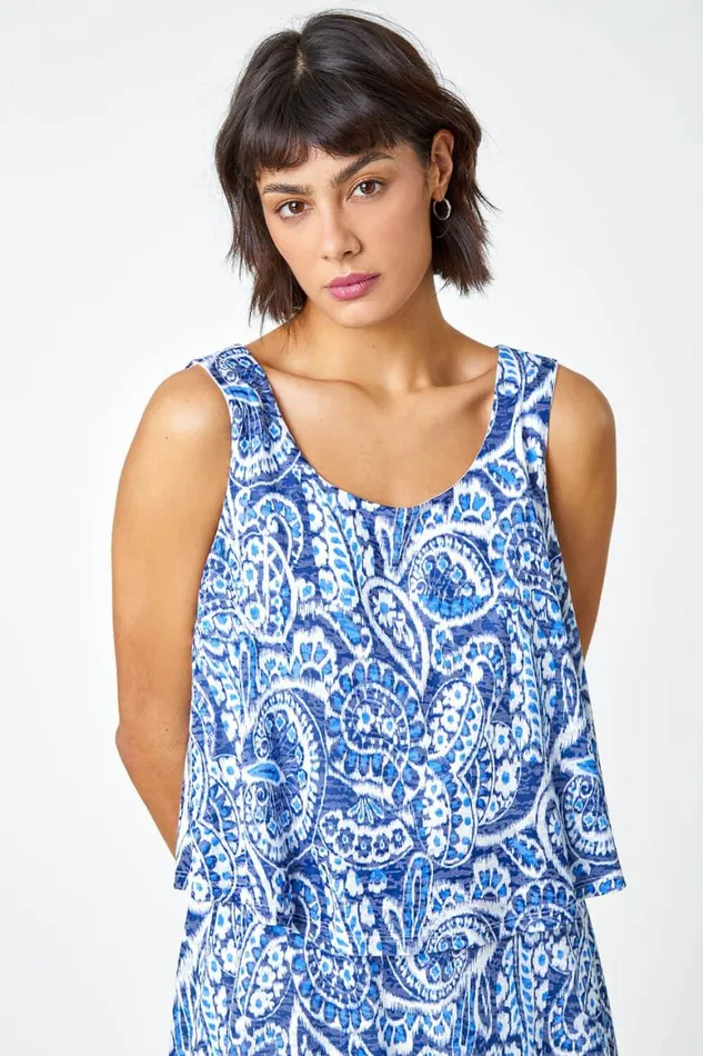 Women Blue Sleeveless Paisley Print Overlay Dress Roman Dresses