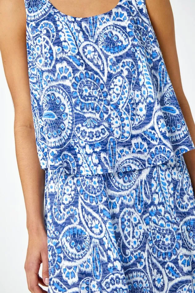 Women Blue Sleeveless Paisley Print Overlay Dress Roman Dresses