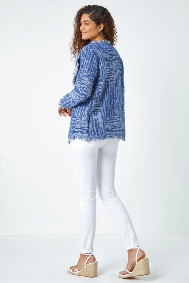 Women Blue Textured Frayed Edge Cardigan Roman Knitwear