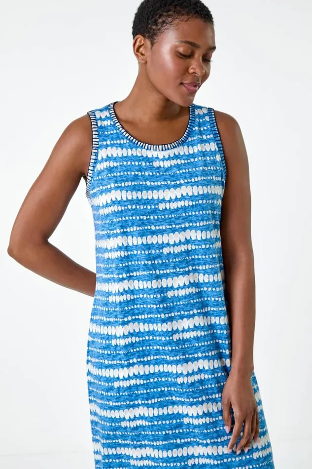 Women Blue Tie Dye Contrast Stitch Stretch Midi Dress Roman Dresses