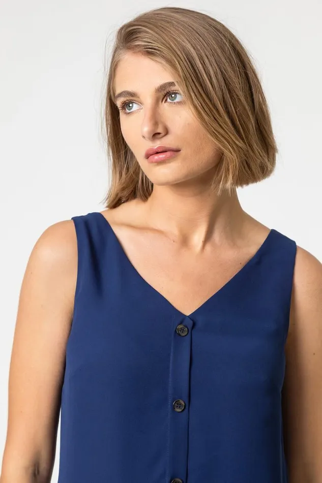 Women Blue VNeck Button Front Sleeveless Top Roman Tops