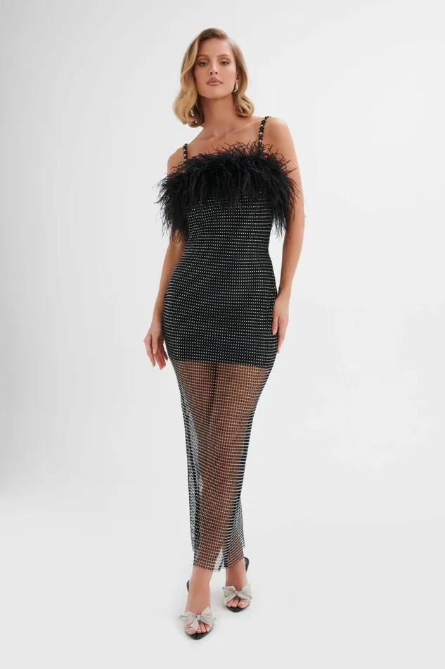 Women Bodycon Dresses Lavish Alice NOVA Rhinestone Embellished Feather Maxi Dress In Black Black