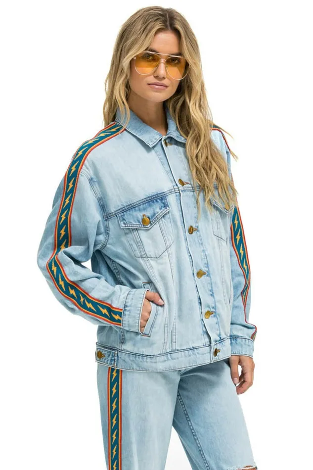 Women BOLT STRIPE OVERSIZED CUTOFF DENIM JACKET 8211 SUPER LIGHT Aviator Nation Women BOLT STRIPE OVERSIZED CUTOFF DENIM JACKET 8211 SUPER LIGHT Aviator Nation