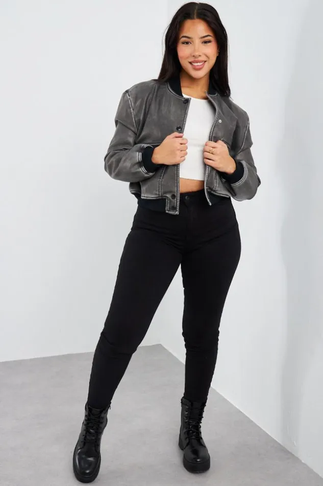 Women Bomber Noir En Simili Cuir Black Brentiny Paris Jackets