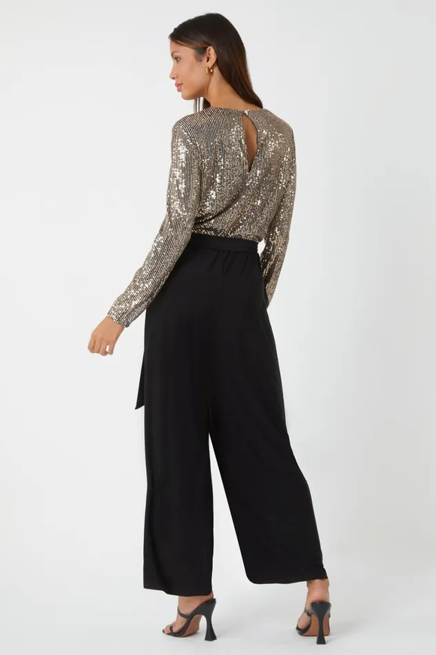 Women Bronze Sequin Wrap Wide Leg Stretch Jumpsuit Roman Jumpsuits and Playsuits