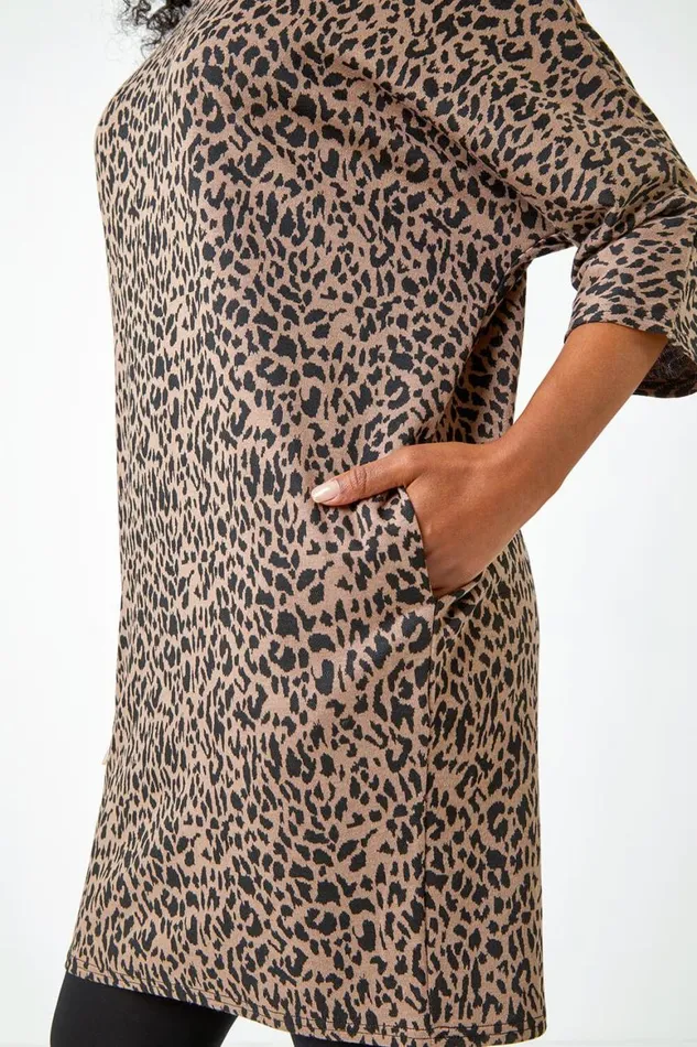 Women Camel Petite Leopard Print Slouch Stretch Dress Roman Dresses