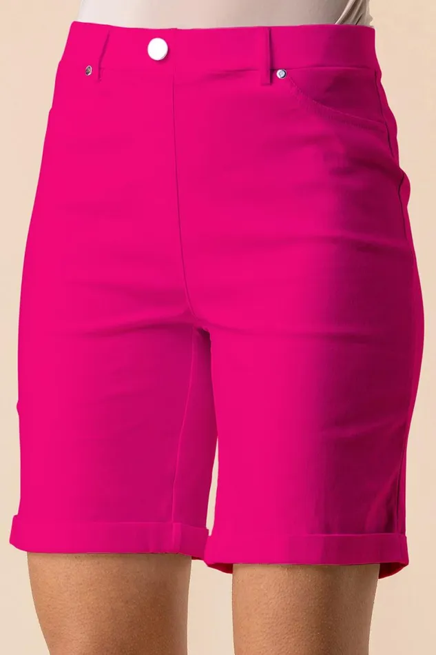 Women Cerise Elastic Waist Turn Up Stretch Shorts Roman Trousers