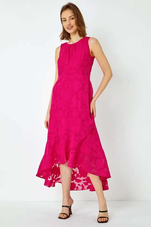 Women Cerise Sleeveless Jacquard Dipped Hem Midi Dress Roman Occasionwear